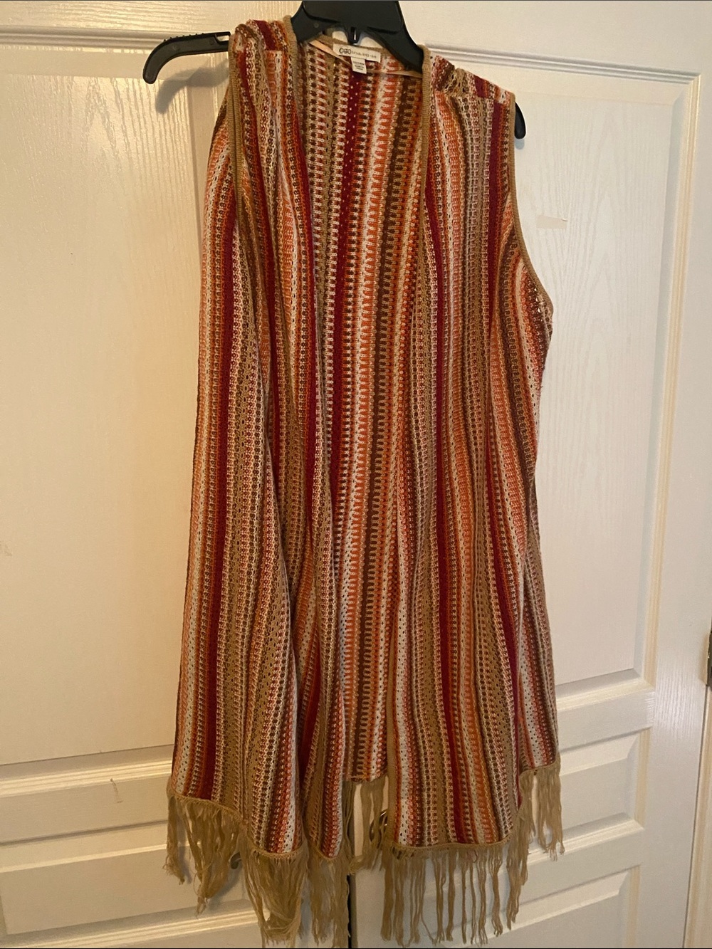 Cato Striped Fringe Poncho in Red, Orange, Cream